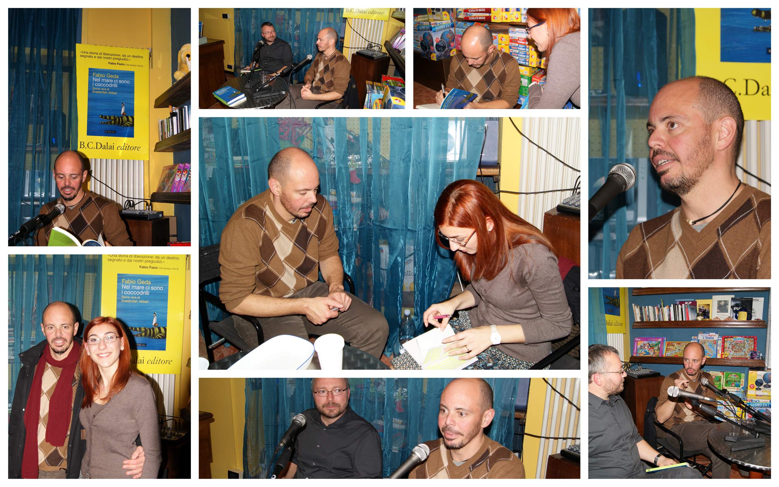 Collage di foto scattate durante la presentazione di "Nel mare ci sono i coccodrilli" di Fabio Geda, presso la libreria "La gang del pensiero", Torino